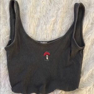 Gray Ribbed Crop Top with Red Mushroom Embroidery